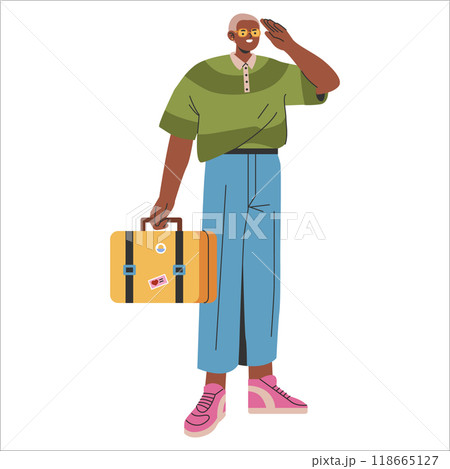 Young Businessman concept. Confident entrepreneur saluting with hand on forehead, holding a briefcase ready for the workday. Vector illustration. 118665127