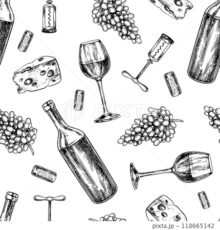 Seamless pattern featuring wine and grapes. A wine glass, a bottle, cheese and a cork. Black and white, graphic, vector illustration, hand-drawn. On a white background. For packaging, labels, textiles Seamless pattern featuring wine and grapes. A wine glass, a bottle, cheese and a cork. Black and white, graphic, vector illustration, hand-drawn. On a white background. For packaging, labels, textiles 118665142