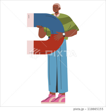 Young businessman concept. A confident entrepreneur embracing a large magnet, representing business attraction and success. Vector illustration. 118665155