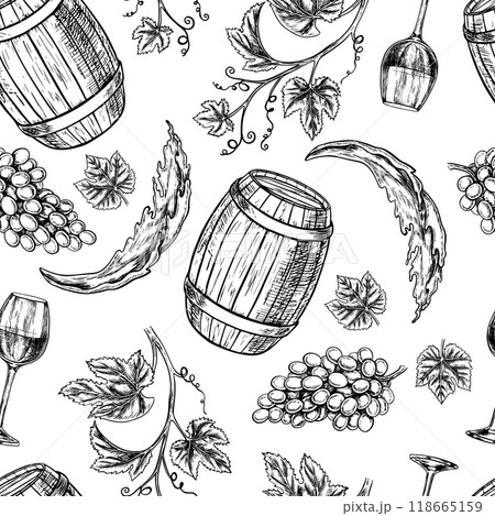 Seamless pattern with the image of wine. A wine barrel, grapes and a vine. A graphic vector illustration drawn by hand. On a white background. For packaging and label, banners, textiles and more Seamless pattern with the image of wine. A wine barrel, grapes and a vine. A graphic vector illustration drawn by hand. On a white background. For packaging and label, banners, textiles and more 118665159