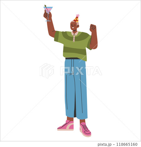 Young businessman celebrating success with a cocktail, wearing a party hat. Success and celebration concept. Vector illustration. 118665160