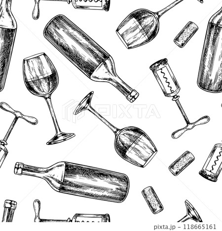 Seamless pattern with wine. A wine glass, a bottle, a corkscrew and a cork. Black and white, graphic, vector illustration, hand-drawn. On a white background. For packaging and label, textiles and more 118665161