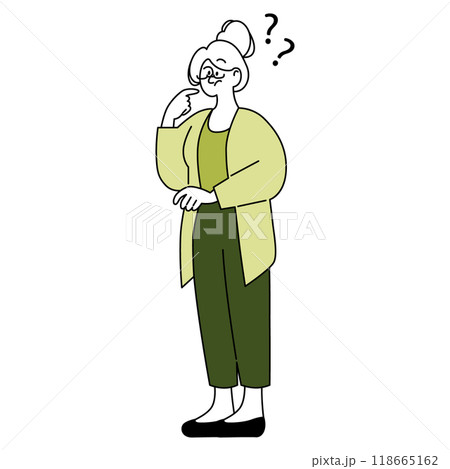 Older businesswoman concept. A mature female professional pondering a decision with a perplexed expression. Experienced leader in contemplation. Vector illustration. 118665162