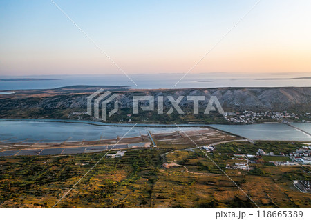 Panorama view of salt pans in the Adriatic Sea. Panorama view of salt pans in the Adriatic Sea. 118665389