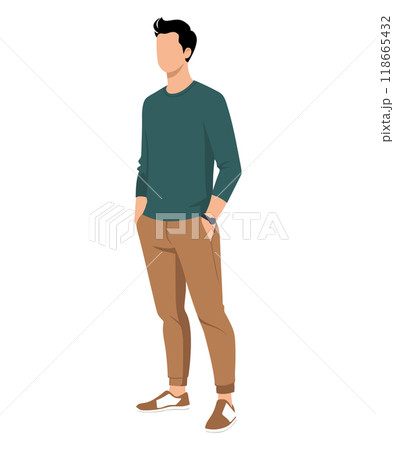 Vector illustration of a man in a dark green sweater and brown pants, emphasizing natural shades and a comfortable style for walking. Vector illustration of a man in a dark green sweater and brown pants, emphasizing natural shades and a comfortable style for walking. 118665432