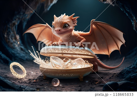 adorable cutest peach dragon kid guarding treasure box. Digital artwork. AI generated adorable cutest peach dragon kid guarding treasure box. Digital artwork. AI generated 118665833