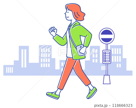 腕を振って街並みをウォーキングする若い女性 118666323