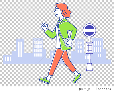 腕を振って街並みをウォーキングする若い女性 118666323