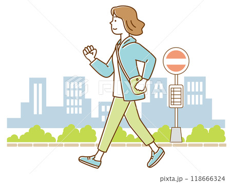 腕を振って街並みをウォーキングする若い女性 腕を振って街並みをウォーキングする若い女性 118666324