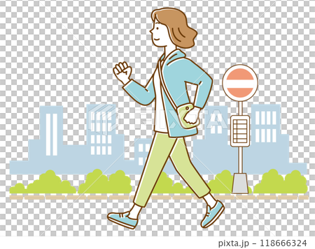 腕を振って街並みをウォーキングする若い女性 腕を振って街並みをウォーキングする若い女性 118666324