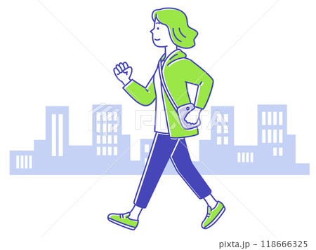 腕を振って街並みをウォーキングする若い女性 腕を振って街並みをウォーキングする若い女性 118666325
