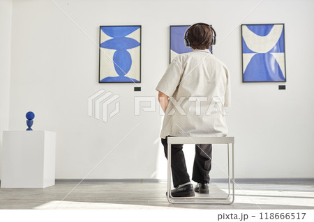 Full length back view of unrecognizable young man looking at abstract art paintings while visiting modern art gallery lit by sunlight copy space 118666517