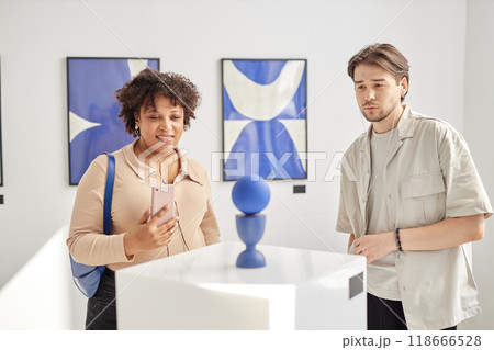 Minimal waist up portrait of two young people looking at abstract art sculpture and wearing earphones while visiting modern gallery or museum Minimal waist up portrait of two young people looking at abstract art sculpture and wearing earphones while visiting modern gallery or museum 118666528