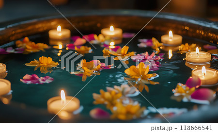 Tranquil evening setting with floating petals and candles in a serene water bowl. 118666541