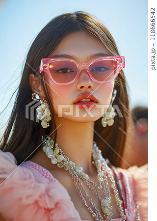 Stylish young woman showcases bold accessories on a sunny day 118666542