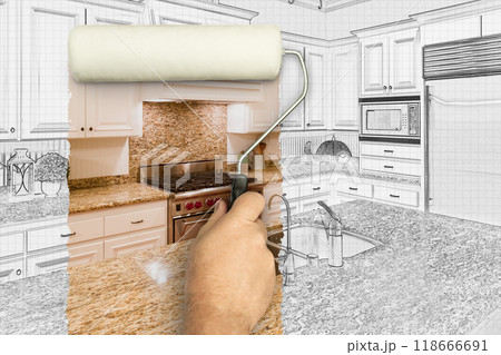 Before and After of Man Painting Roller to Reveal Custom Kitchen Photograph Under Pencil Sketch Drawing Plans. Before and After of Man Painting Roller to Reveal Custom Kitchen Photograph Under Pencil Sketch Drawing Plans. 118666691