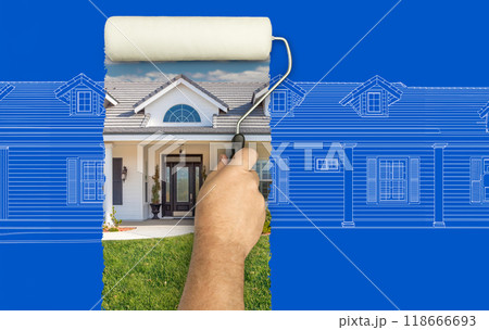 Before and After of Man Painting Roller to Reveal Custom Home Photograph Under Blueprint Sketch Drawing Plans. 118666693