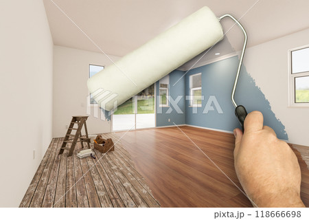 Before and After of Man Using A Paint Roller to Reveal Newly Remodeled Room with Fresh Green Paint, Coffered Ceiling and New Floors. 118666698