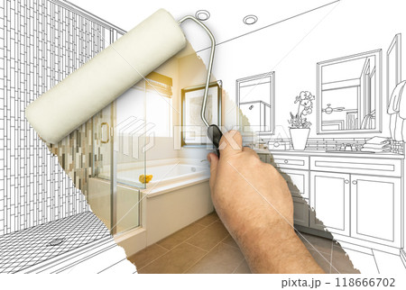 Before and After of Man Painting Roller to Reveal Newly Remodeled Master Bathroom Under Pencil Drawing Plans. 118666702