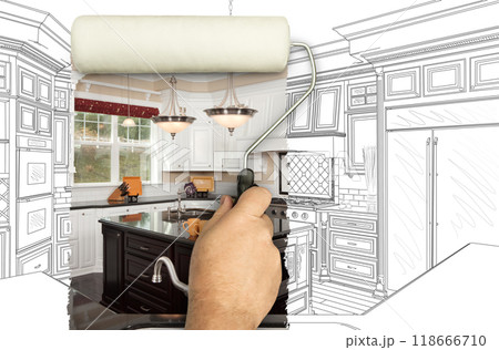 Before and After of Man Painting Roller to Reveal Custom Kitchen Photograph Under Pencil Sketch Drawing Plans. 118666710