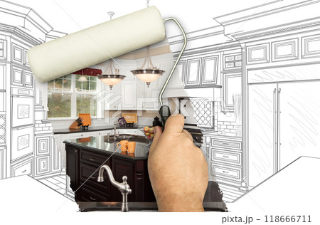 Before and After of Man Painting Roller to Reveal Custom Kitchen Photograph Under Pencil Sketch Drawing Plans. 118666711