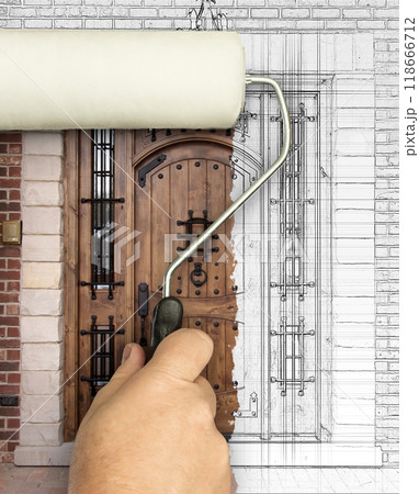 Before and After of Man Painting Roller to Reveal New Front Door Under Pencil Sketch Drawing Plans. 118666712
