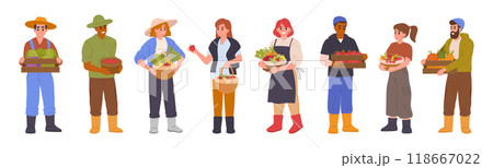 Farmers with harvest. Male and female agricultural characters carrying baskets and boxes with fresh fruits and vegetables flat vector illustration set. Cartoon farm workers with harvesting crop Farmers with harvest. Male and female agricultural characters carrying baskets and boxes with fresh fruits and vegetables flat vector illustration set. Cartoon farm workers with harvesting crop 118667022