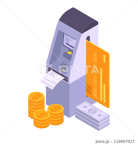 Isometric bank terminal. Payment or cash withdraw 3d vector illustration. Banking payment or currency exchange atm on white 118667027
