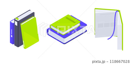 Isometric books. Educational or fantasy literature piles, encyclopedia, school books pile 3d vector illustration set. Open and close textbooks Isometric books. Educational or fantasy literature piles, encyclopedia, school books pile 3d vector illustration set. Open and close textbooks 118667028