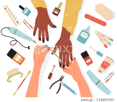 Manicure procedure background. Fingernails care procedure in manicure salon, nail polish applying, professional nail master and customer scene flat vector illustration. Cartoon manicure session Manicure procedure background. Fingernails care procedure in manicure salon, nail polish applying, professional nail master and customer scene flat vector illustration. Cartoon manicure session 118667035