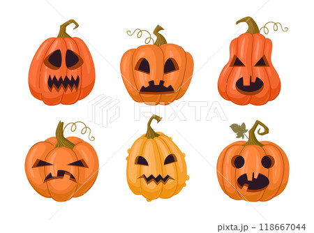 Spooky carved pumpkin faces. Cartoon Halloween pumpkins, holiday pumpkins jack-o-lantern decorations flat vector illustration set. Scary Halloween gourd ghost faces 118667044