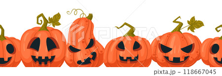 Spooky squash lanterns. Halloween pumpkin seamless poster, scary jack-o-lanterns halloween flat vector background illustration. Cartoon Halloween holiday party endless banner 118667045