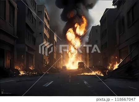ゲーム背景　炎で燃え盛る災害にあった戦場風景 118667047