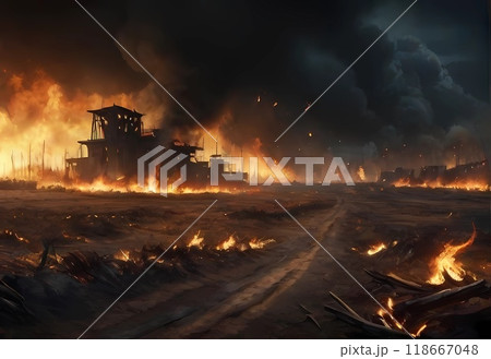 ゲーム背景　炎で燃え盛る災害にあった戦場風景 118667048