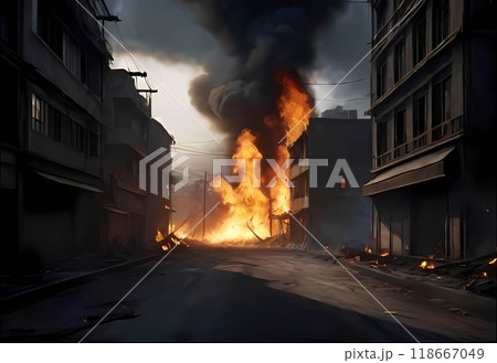 ゲーム背景　炎で燃え盛る災害にあった戦場風景 118667049