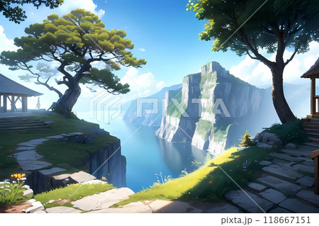 ゲーム背景　冒険者の旅立ちに見える青空と山の大自然光景パノラマ風景壁紙 118667151