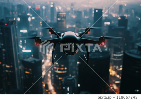 Modern drone flying in night city with camera recording Modern drone flying in night city with camera recording 118667245