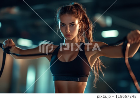 Young woman doing fitness exercise with resistance bands at gym 118667248