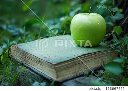 Green apple resting on top of an old book outdoors Green apple resting on top of an old book outdoors 118667263