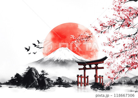 日本 水墨画 アートのイラスト素材 [118667306] - PIXTA