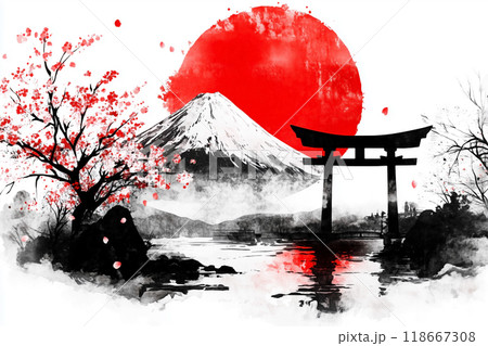 日本 水墨画 アートのイラスト素材 [118667308] - PIXTA