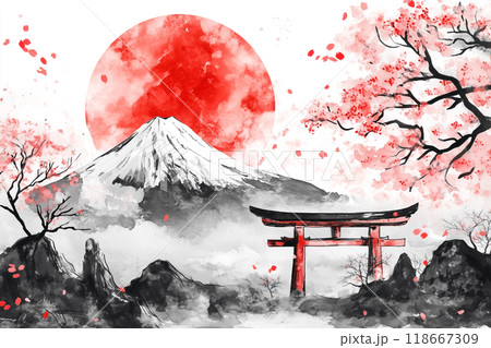 日本 水墨画 アートのイラスト素材 [118667309] - PIXTA