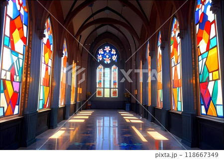 ゲーム背景風　万華鏡のようなカラフルなステンドグラスがある教会ホールイメージ風景 118667349