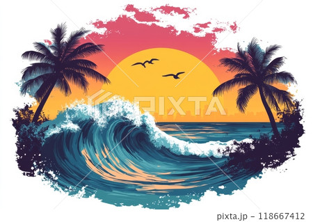 Big ocean wave breaking at sunset with palm trees on tropical beach 118667412