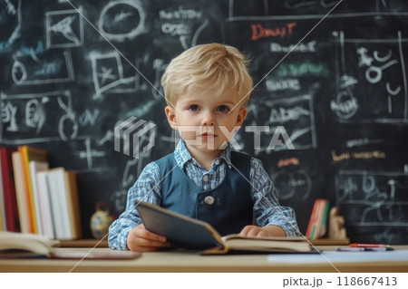 Little pupil reading a book in the classroom 118667413