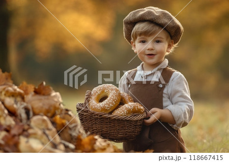 Smiling young baker holding basket of bread in autumnal forest 118667415