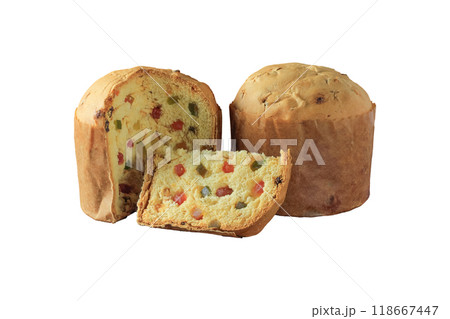Panettone traditional Italian Christmas dessert made with raisins, candied fruits isolated on white background Panettone traditional Italian Christmas dessert made with raisins, candied fruits isolated on white background 118667447