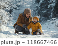 Happy family playing with snow in a winter forest 118667466