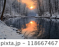 Golden sunset reflecting on a river in the forest during wintertime 118667467