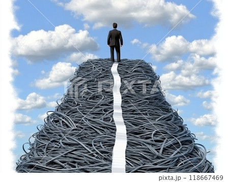 Businessman walking on road made of network cables toward sky 118667469